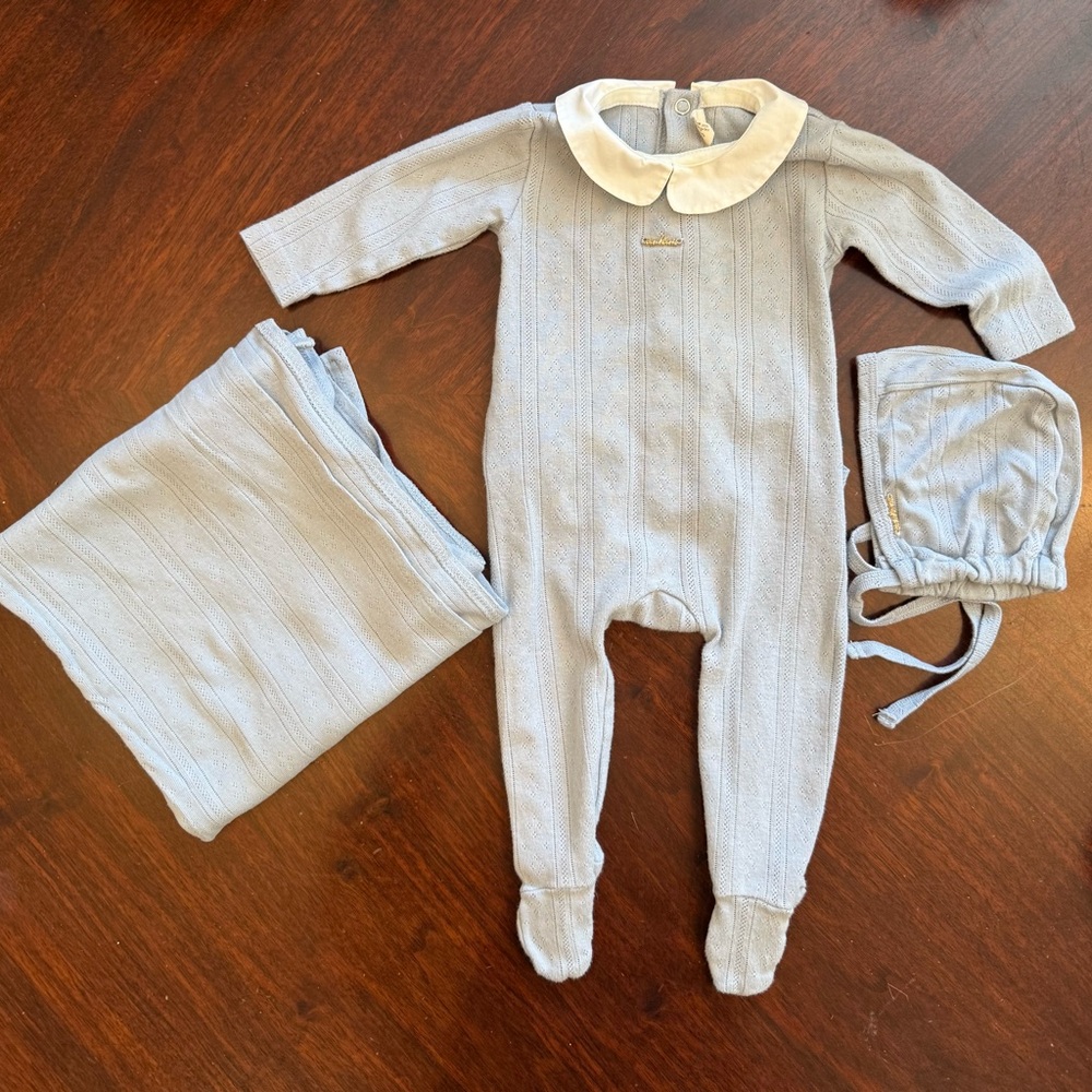 SOLD Soft Light Blue Knit Footed One-Piece with Cream Collar - Baby